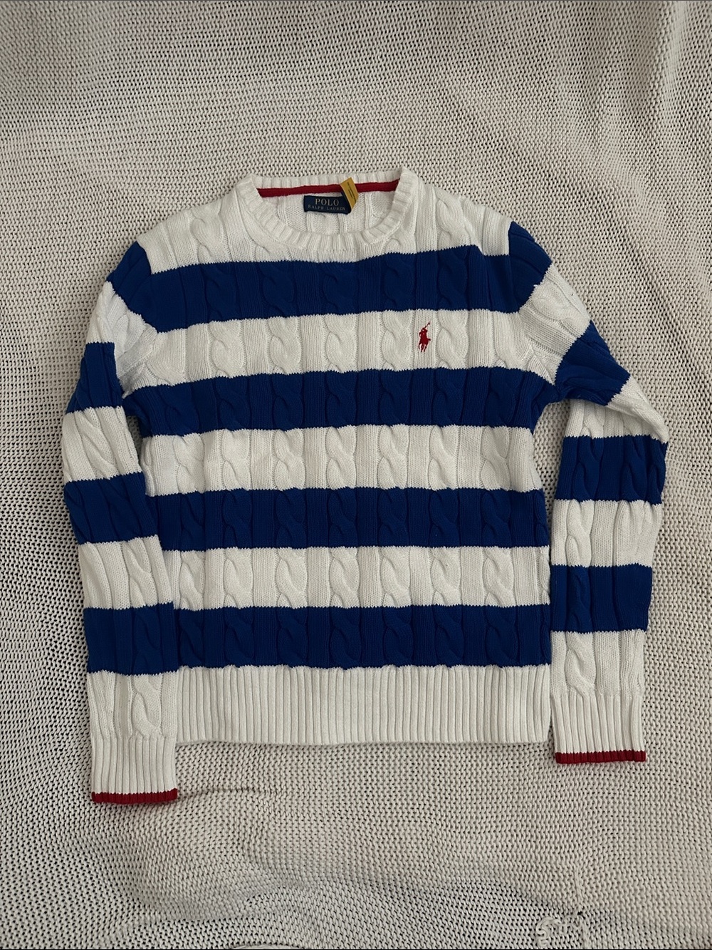 Polo by Ralph Lauren Blue & White Striped Cable Crewneck Sweater